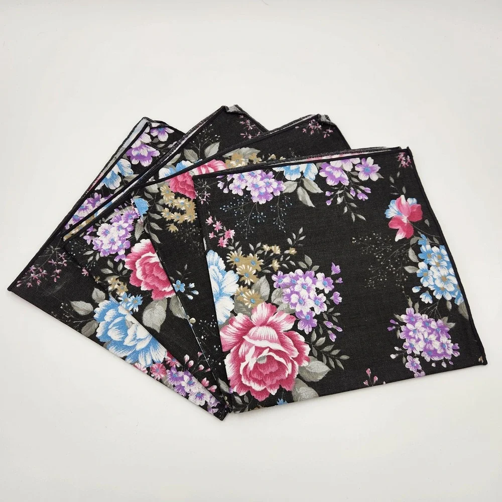 VTG Floral Cloth Napkins Set of 4 Black Pink Rose Cottagecore Dark Romantic
